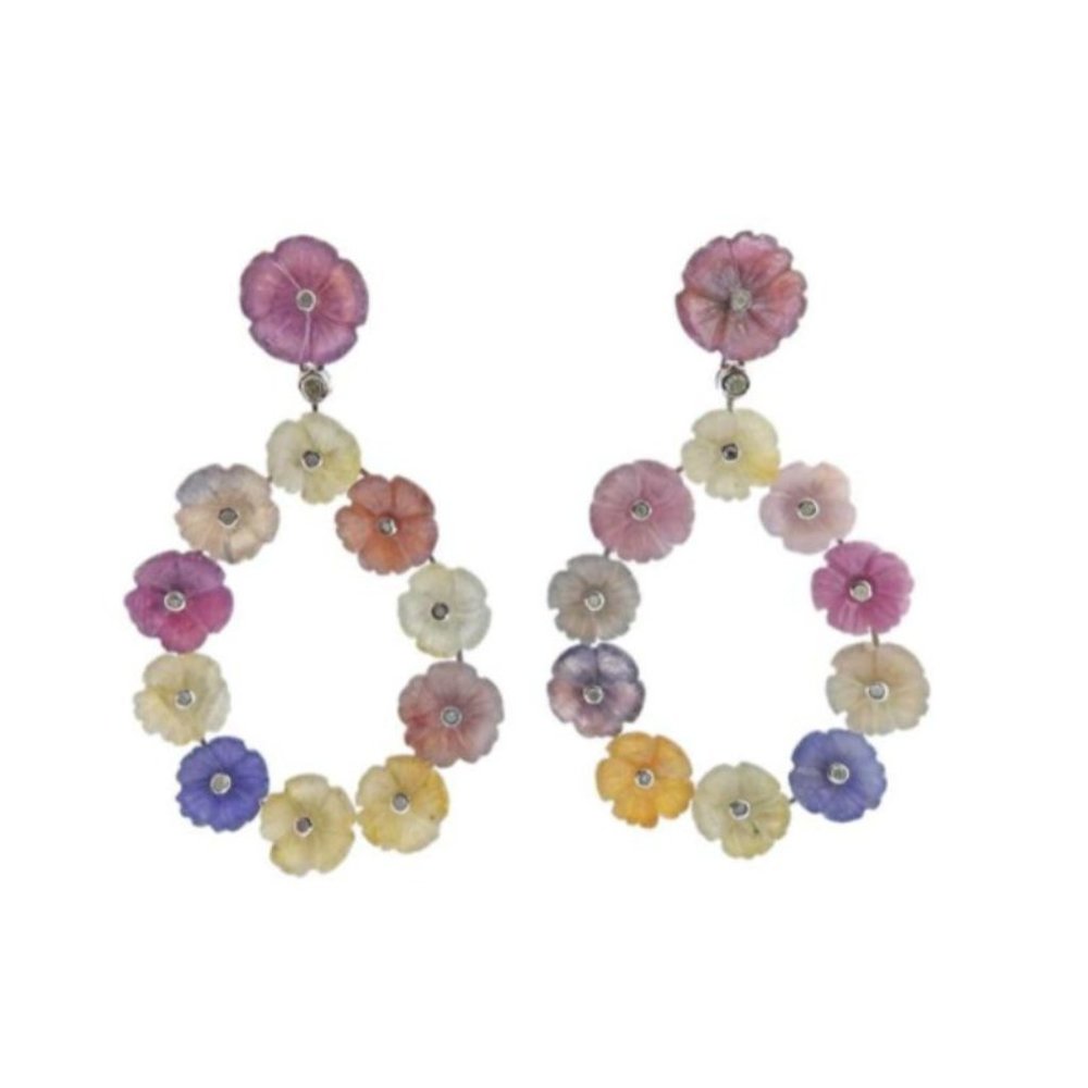 14k Gold Silver Diamond Carved Flower Drop Earrings